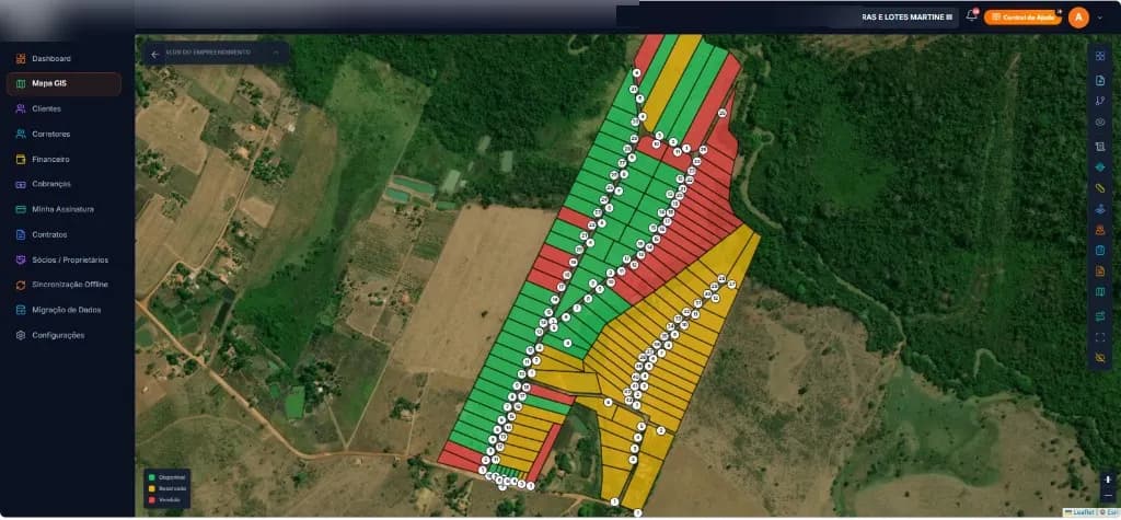 Mapa GIS do SV LOTES com lotes disponíveis, reservados e vendidos